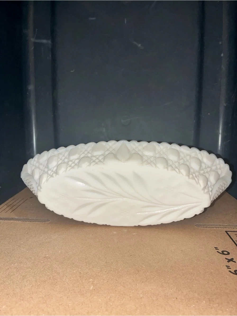Vintage Milk Glass Oblong Dishes, Scalloped Edge, Quilted Pattern